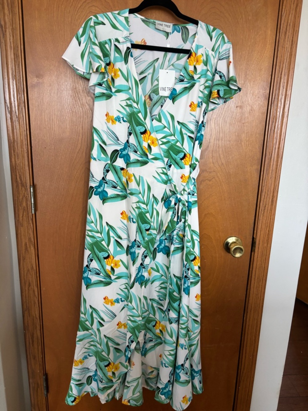 White Midi Wrap Dress with Green Tropical Leaf Print